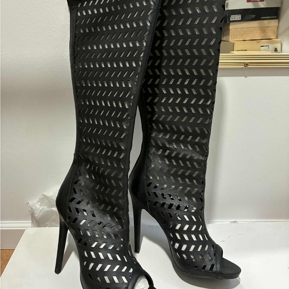 JustFab Black Laser-Cut Heeled Boots